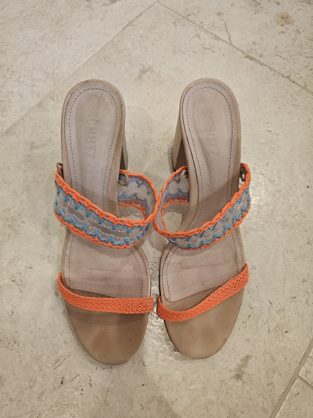 Schutz Mule Salto Fresh Orange and Blue Crochet Strap Block Heels